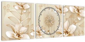 Obraz - Kompozícia zlatých kvetov (s hodinami) (90x30 cm)
