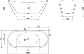 Mexen Lotos, voľne stojaca vaňa 150 x 75 cm, biela/čierna, čierny matný prepad, 52051507775-70