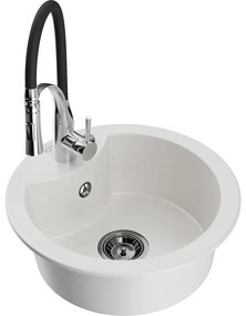 Mexen Diego, 1-komorový granitový drez 488x488x167 mm a drezová batéria Aster, biela, 6512-20-73450-07-B