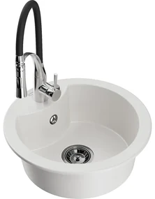 Mexen Diego, 1-komorový granitový drez 488x488x167 mm a drezová batéria Aster, biela, 6512-20-73450-07-B