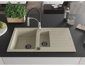 Mexen Matias, granitový drez 900x505x200 mm, 1,5-komorový a drezová batéria Aster, béžová, 6502-69-73450-07-B