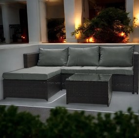 Tmavohnedá ratanová súprava so stolíkom a sivými vankúšmi