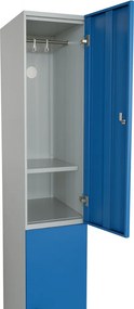 Šatníková skrinka S1 s úložnými boxmi, 2 boxy, 1850 x 300 x 500 mm, cylindrický zámok, červené dvere