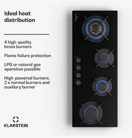 Klarstein Goldflame 4 Slim, plynová varná doska, 4 horáky, sebestačná, zemný plyn/propán, nehrdzavejúca oceľ