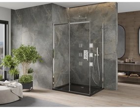 Mexen Omega, sprchový kút s posuvnými dverami 100 (dvere) x 90 (stena) cm, 8mm číre sklo, chrómový profil + slim sprchová vanička čierna + chrómový sifón, 825-100-090-01-00-4070