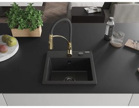 Mexen Milo, 1-komorový granitový drez 435x410x171 mm a drezová batéria Aster, čierna-strieborná metalíza, 6505-73-73450-57-B