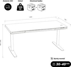Elektrický písací stôl sit-stand so zásuvkou a bezdrôtovou nabíjačkou Qi čierny, 1600 mm: ELLIS