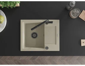 Mexen Enzo, 1-komorový granitový drez 576x465x174 mm a drezová batéria Flora, béžová, 6506-69-670401-70-B