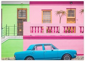 Sklenený obraz autá - farebné domy (70x50 cm)