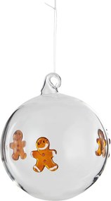 HANG ON Sklenená guľa perníkový panáčik 8 cm - číra