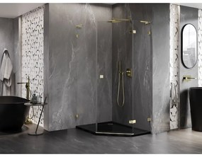 Mexen Lunar, L pravý výklopný päťuholníkový sprchový kút 80 x 90 cm, 8mm číre sklo, zlatý profil, 831L-080P-090L-50-00-P