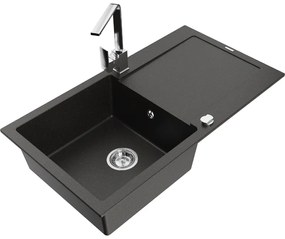 Mexen Leo, drez granitový 900x500x190 mm, 1-komorový, čierna - zlatá metalíza s chrómovým sifónom a chrómová drezová batéria Rita, 6501-75-670300-00