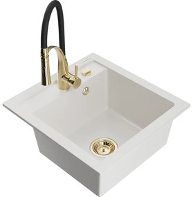 Mexen Vito, 1-komorový granitový drez 490x520x210 mm a drezová batéria Aster, biela, 6503-20-73450-57-G