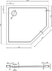 Mexen Flow, päťuholníková sprchová vanička slim 100 x 80 cm, ľavá, čierna matná - 46P708010L