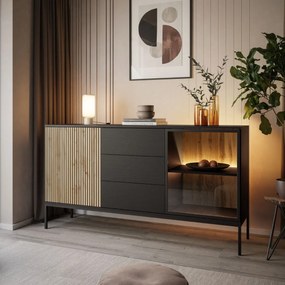 KOMODA ALESSIO 154 cm DUB WOTAN / ČIERNA LED ŠUPLÍKY