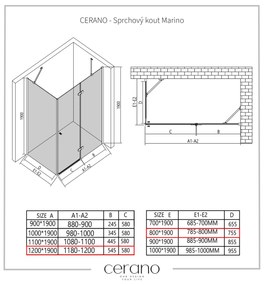 Cerano Marino, sprchovací kút 120(dvere) x 80(stena) x 190 cm, 6mm číre sklo, chrómový profil, CER-CER-422835