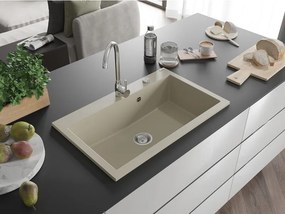 Mexen Elix kuchynský drez z umelého kameňa 1-komorový 800 x 500 mm, béžový, sifón chróm - 6527801005-69