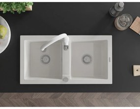 Mexen Mario, 2-komorový granitový drez 820x436x161 mm a drezová batéria Savita, biela, 6504-20-672601-20