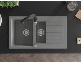 Mexen Matias, 1,5-komorový granitový drez 900x505x200 mm a drezová batéria Savita, šedá, 6502-71-672601-70