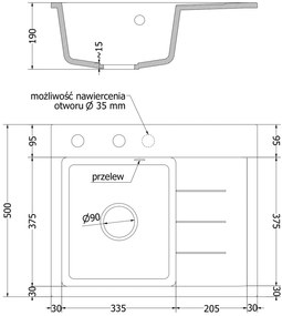 Mexen Ben, 1-komorový granitový drez 600x500x190 mm, ľavý + zlatý sifón, šedá, 6522605000-71-G