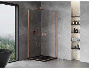 Mexen Mist-B Duo, 2-krídlový výklopný sprchový kút 85 x 85 cm, číre sklo, medený matný profil, 8A2-085-085-65-00