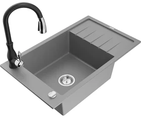 Mexen Elias, 1-komorový granitový drez 795x480x200 mm a drezová batéria Savita, šedá, 6511-71-672601-70