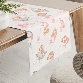 Biante Detský bavlnený behúň na stôl Sandra SA-527 Ružové morské panny s delfínmi a veľrybami na bielom 35x140 cm