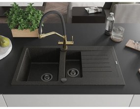 Mexen Matias, granitový drez 900x505x200 mm, 1,5-komorový a drezová batéria Duo, čierna-zlatá metalíza, 6502-75-671701-57-B