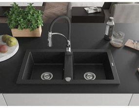 Mexen Mario, granitový drez 820x436x161 mm, 2-komorový a drezová batéria Aster, čierna-strieborná metalíza, 6504-73-73450-07