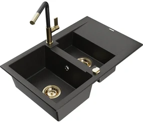 Mexen Gaspar, 1,5-komorový granitový drez 737x475x177 mm a drezová batéria Flora, čierna-zlatá metalíza, 6507-75-670401-57-G
