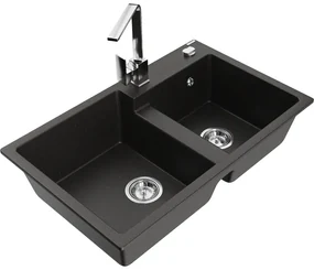 Mexen Tomas, granitový drez 800x500x190 mm, 2-komorový a chrómová batéria Rita, čierna-zlatá metalíza, 6516-75-670300-00