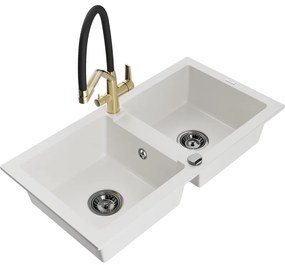 Mexen Mario, granitový drez 820x436x161 mm, 2-komorový a drezová batéria Duo, biela, 6504-20-671701-57-B