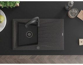 Mexen Cesar, 1-komorový granitový drez 775x470x190 mm a drezová batéria Aster, čierna škvrnitá, 6514-76-73450-70-B