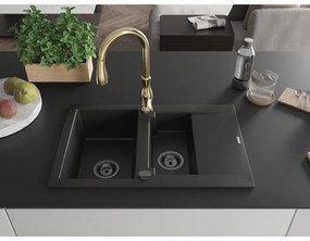 Mexen Gaspar, 1,5-komorový granitový drez 737x475x177 mm a drezová batéria Savita, čierna, 6507-77-672601-50-B