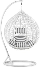 Biele závesné kreslo KOKON so stojanom, bielo-sivý vankúš