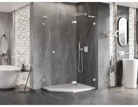 Mexen Lunar, L pravý výklopný päťuholníkový sprchový kút 100 x 90 cm, 8mm číre sklo, biely profil, 831L-100P-090L-20-00-P