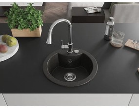 Mexen Diego, 1-komorový granitový drez 488x488x167 mm a drezová batéria Elia, čierna-zlatá metalíza, 6512-75-670101-00