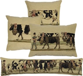 Béžový gobelinový dlhý vankúš s kravami Cowbell - 90*15*20cm