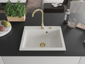 Mexen Elix granitový drez, 1-komorový, 600 x 500 mm, biely, zlatý sifón - 6525601005-20-G