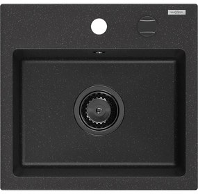 Mexen Milo, granitový drez 435x410x171 mm, 1-komorový, čierna-strieborná metalíza s čiernym sifónom, 6505441000-73-B