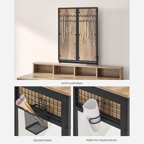 Toaletný stolík s čalúnenou stoličkou, 3 zásuvky, držiak na sušič vlasov, farba dub a čierna