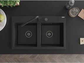 Mexen Hektor, 2-komorový granitový drez 800x480x205 mm, čierna-strieborná metalíza, grafitový sifón, 6521802000-73-B