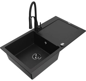 Mexen Leo, granitový drez 900x500x190 mm, 1-komorový a drezová batéria Aster, čierna, 6501-77-73450-70-B