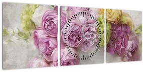 Obraz - Kvety na stene v pastelových farbách (s hodinami) (90x30 cm)