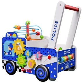 EcoToys Drevené chodítko policajný zbor, kocky, modrá, HM013239