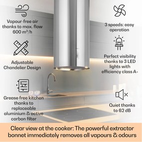 Klarstein Bolea, digestor, 38 cm, ostrovčekový, 600 m³/h, LED, filtre s aktívnym uhlím, nehrdzavejúca oceľ