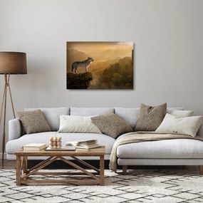 Sklenený obraz vlka na skale (70x50 cm)