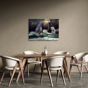 Sklenený obraz - Loď plávajúca cez búrlivé vlny (70x50 cm)