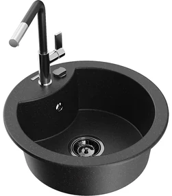Mexen Diego, 1-komorový granitový drez 488x488x167 mm a drezová batéria Flora, čierna-strieborná metalíza, 6512-73-670401-07-B