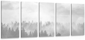 5-dielny obraz hmla nad lesom v čiernobielom prevedení - 100x50